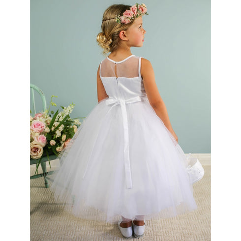 Big Girls Ivory Illusion Neckline Floral Lace Adorned Flower Girl Dress 8-12 - SophiasStyle.com